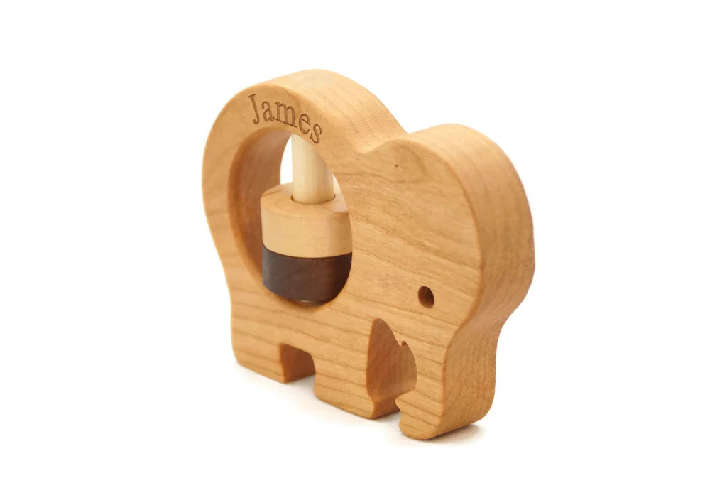 Personalized Wooden Elephant Rattle, Montessori Toy