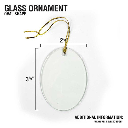 Clear glass ornament with gold string, measurements, and additional information on a white background