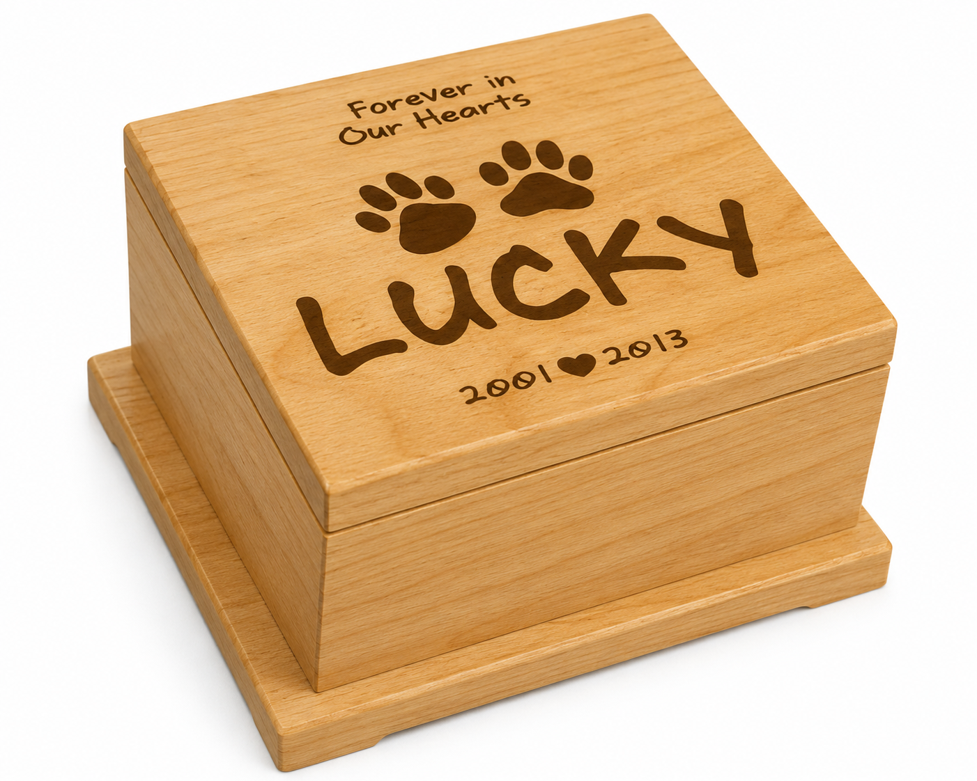 Wooden pet urn with engraved text 'Forever in Our Hearts Lucky 2001-2013' on a white background