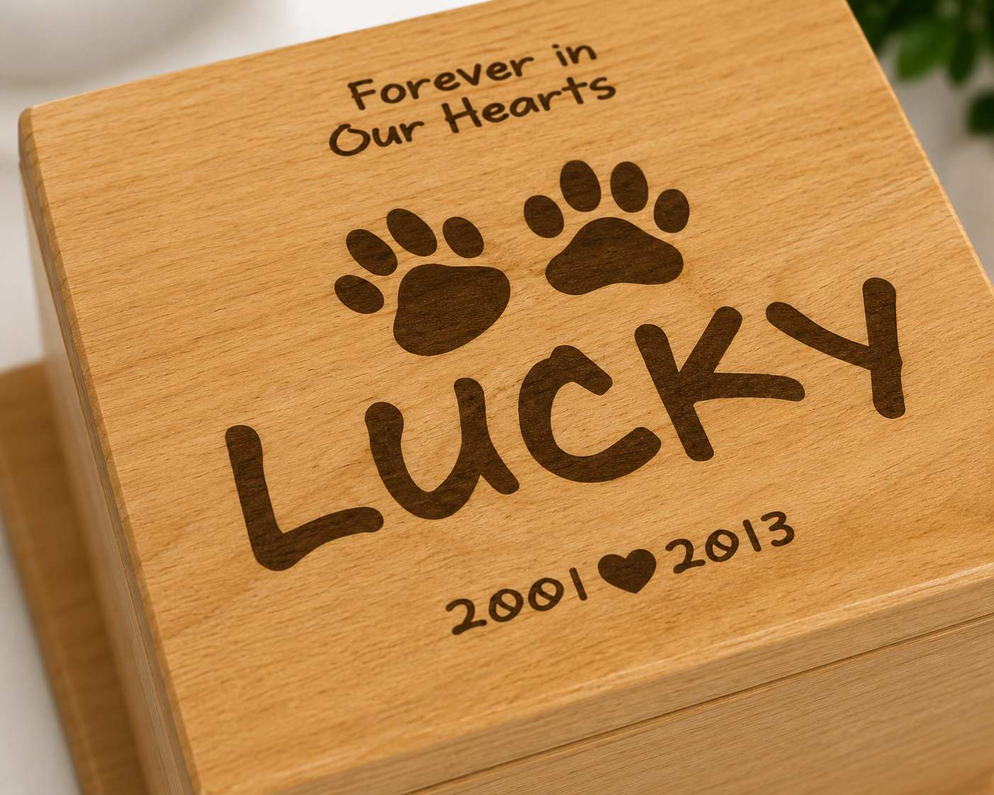 Wooden box with engraved paw prints and text 'Forever in Our Hearts Lucky 2001❤️2013' on a light background.