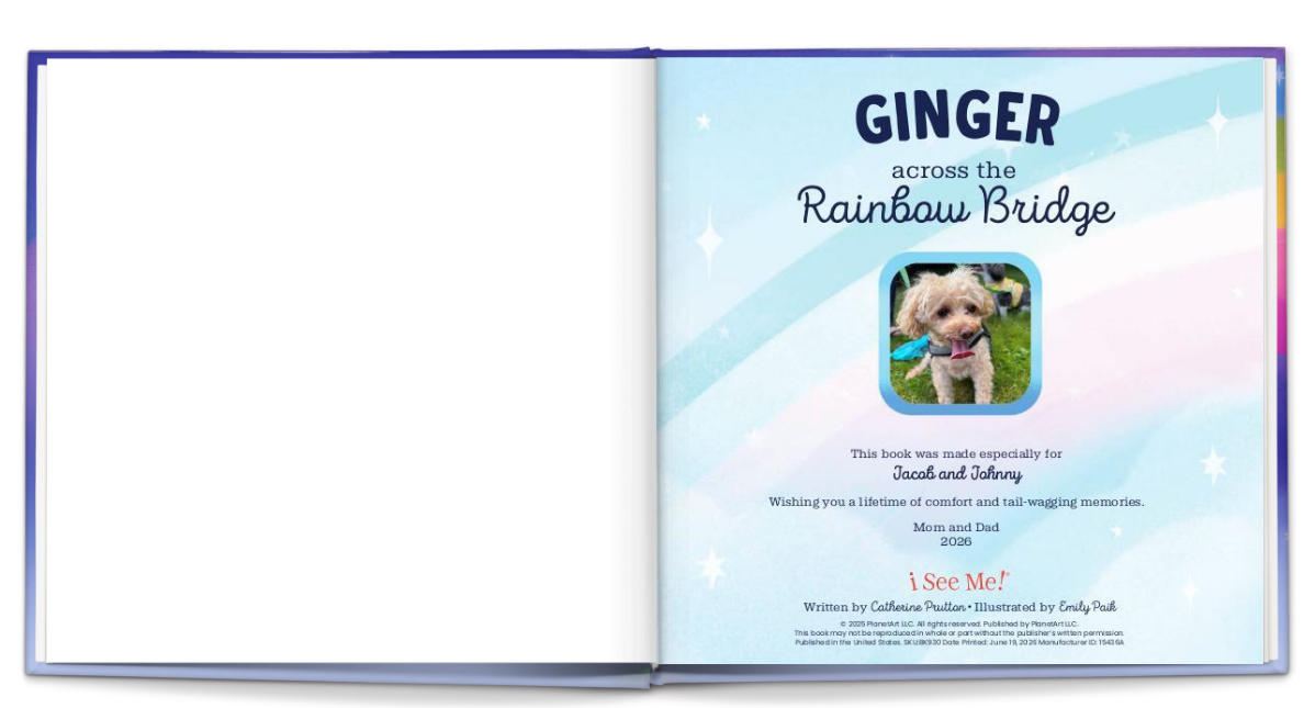 Open book with a photo of a dog and text on a rainbow-themed background