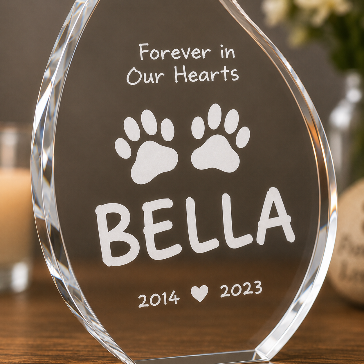A clear acrylic pet memorial plaque engraved with 'Forever in Our Hearts', two paw prints, the name 'BELLA', and the years '2014' and '2023' with a heart between them, shown on a wooden surface with a softly blurred background.