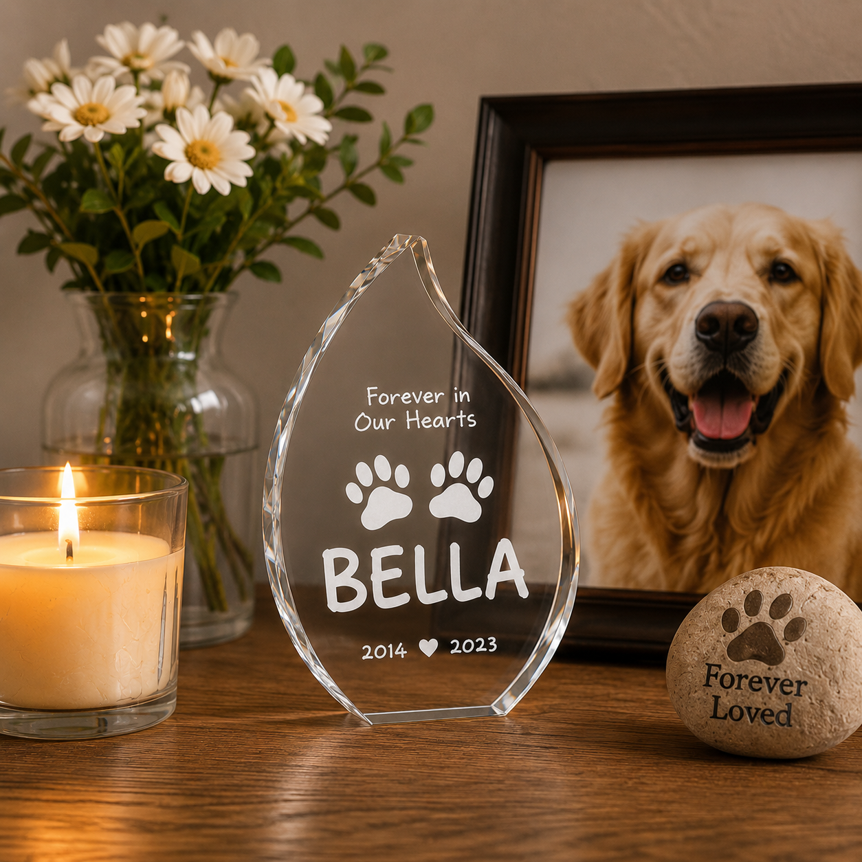 Personalized acrylic pet memorial plaque shaped like a teardrop, engraved with 'Forever in Our Hearts', two paw prints, the name 'BELLA', and the years '2014' and '2023'. It sits on a wooden table alongside a lit candle, a vase of white daisies, a framed photo of a golden retriever, and a small engraved stone that reads 'Forever Loved'.
