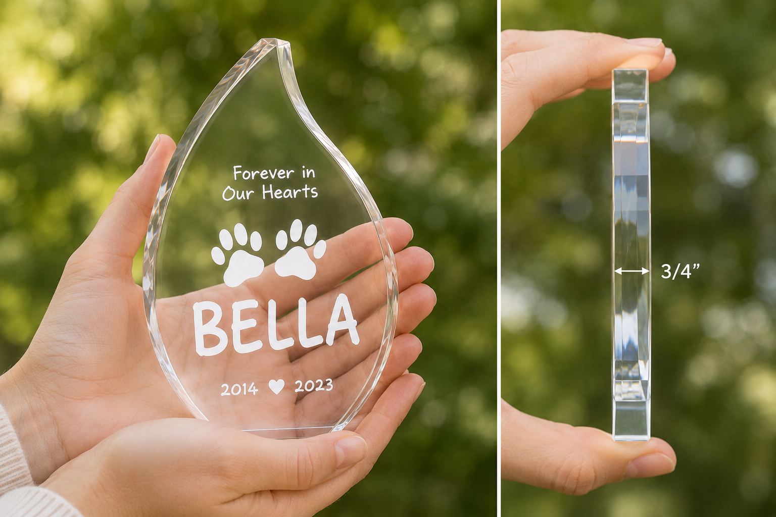 A clear acrylic pet memorial plaque shaped like a teardrop, held in two hands against a blurred green outdoor background. The left panel shows the front with engraved text reading 'Forever in Our Hearts', paw prints, the name 'BELLA', and dates '2014' and '2023'.