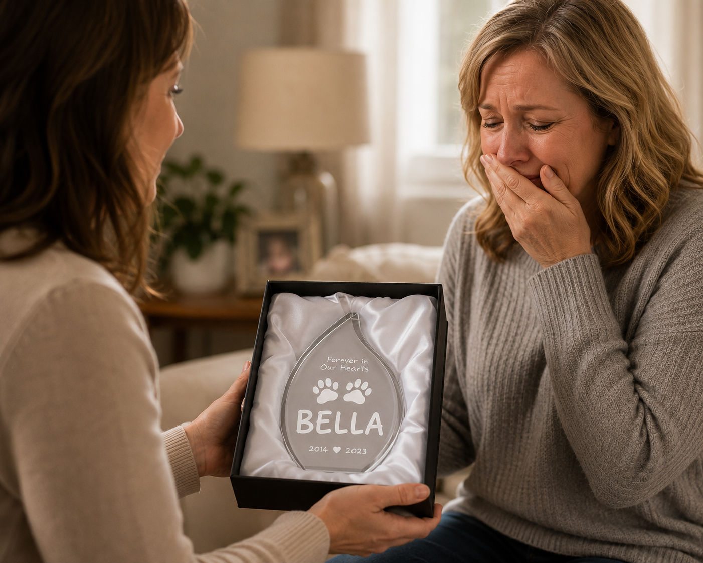 A woman in a gray sweater holds a black gift box containing a silver memorial plaque engraved with the name 'BELLA' and paw prints, while another woman sits beside her in a softly lit living room.