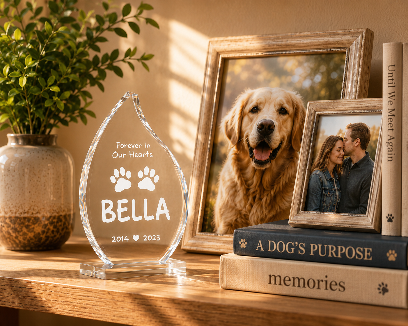 A clear acrylic pet memorial plaque engraved with 'Forever in Our Hearts BELLA 2014 2023' and paw prints, displayed on a wooden shelf next to a potted plant and framed dog photos.