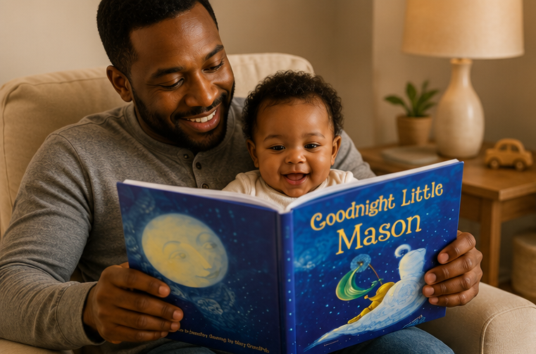 Man reading 'Goodnight Little Mason' book to a child in a cozy living room.