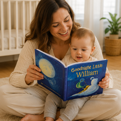 Woman reading 'Goodnight Little William' to a baby in a cozy room.