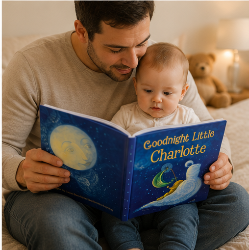 Man reading 'Goodnight Little Charlotte' book to a baby