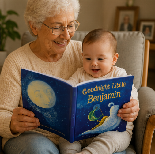 Grandmother and baby reading 'Goodnight Little Benjamin' book together.