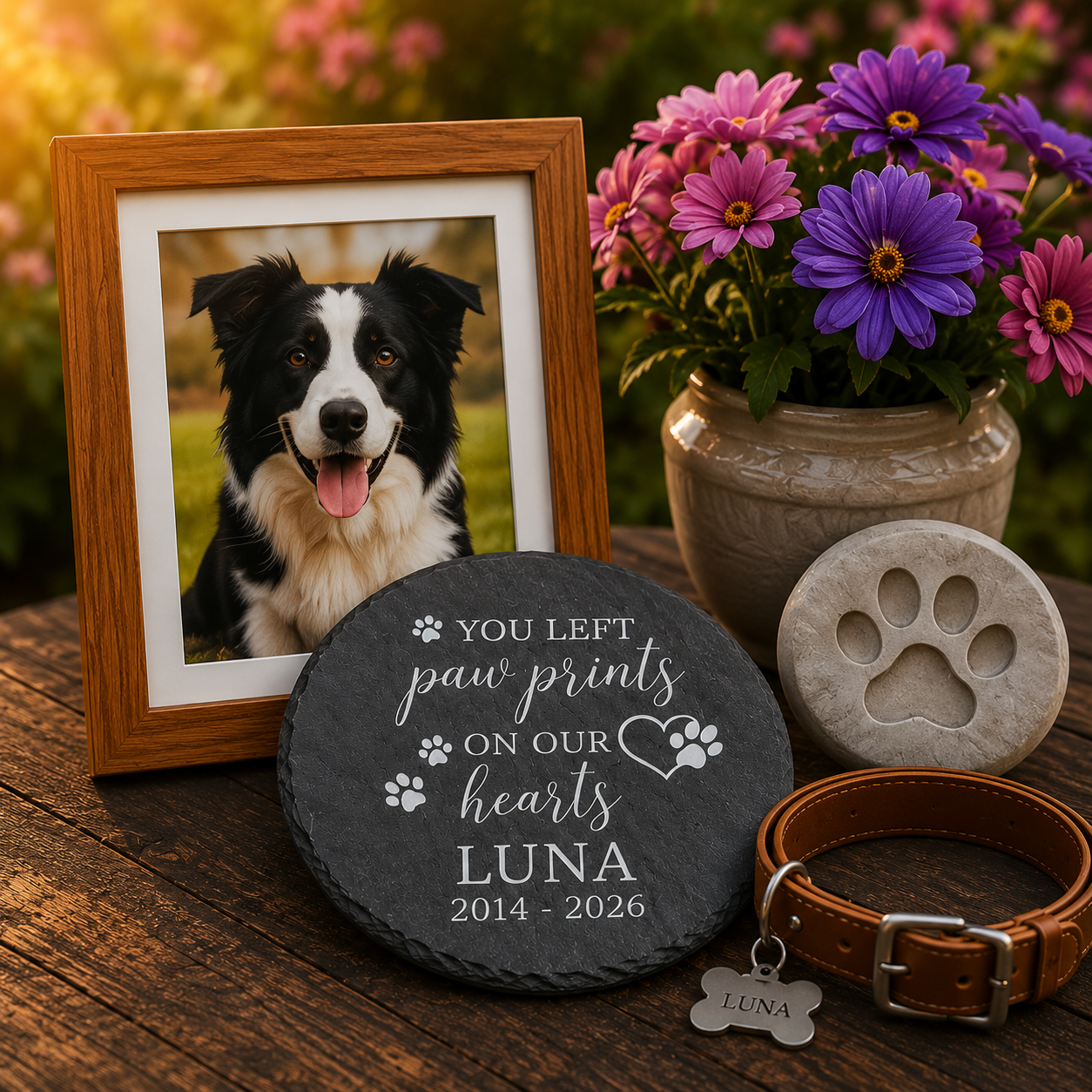 Memorial plaque for a dog with a photo of a border collie, flowers, and a collar on a wooden surface.
