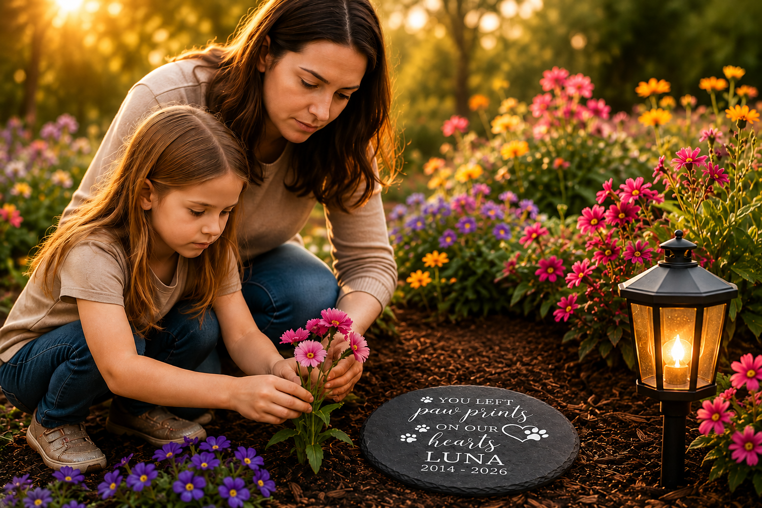 Woman and child with a pet memorial stone in a garden