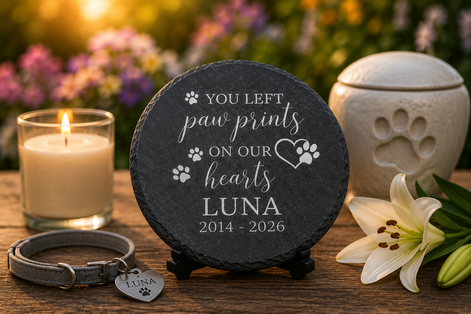 Memorial slate with 'You left paw prints on our hearts' text, candle, and flowers on a wooden surface.