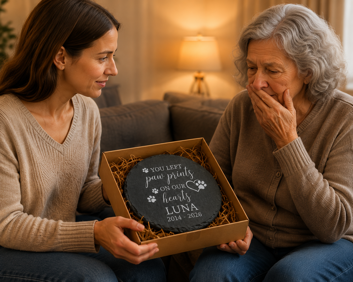 Two women sitting together, one holding a box with a plaque for a pet named Luna.