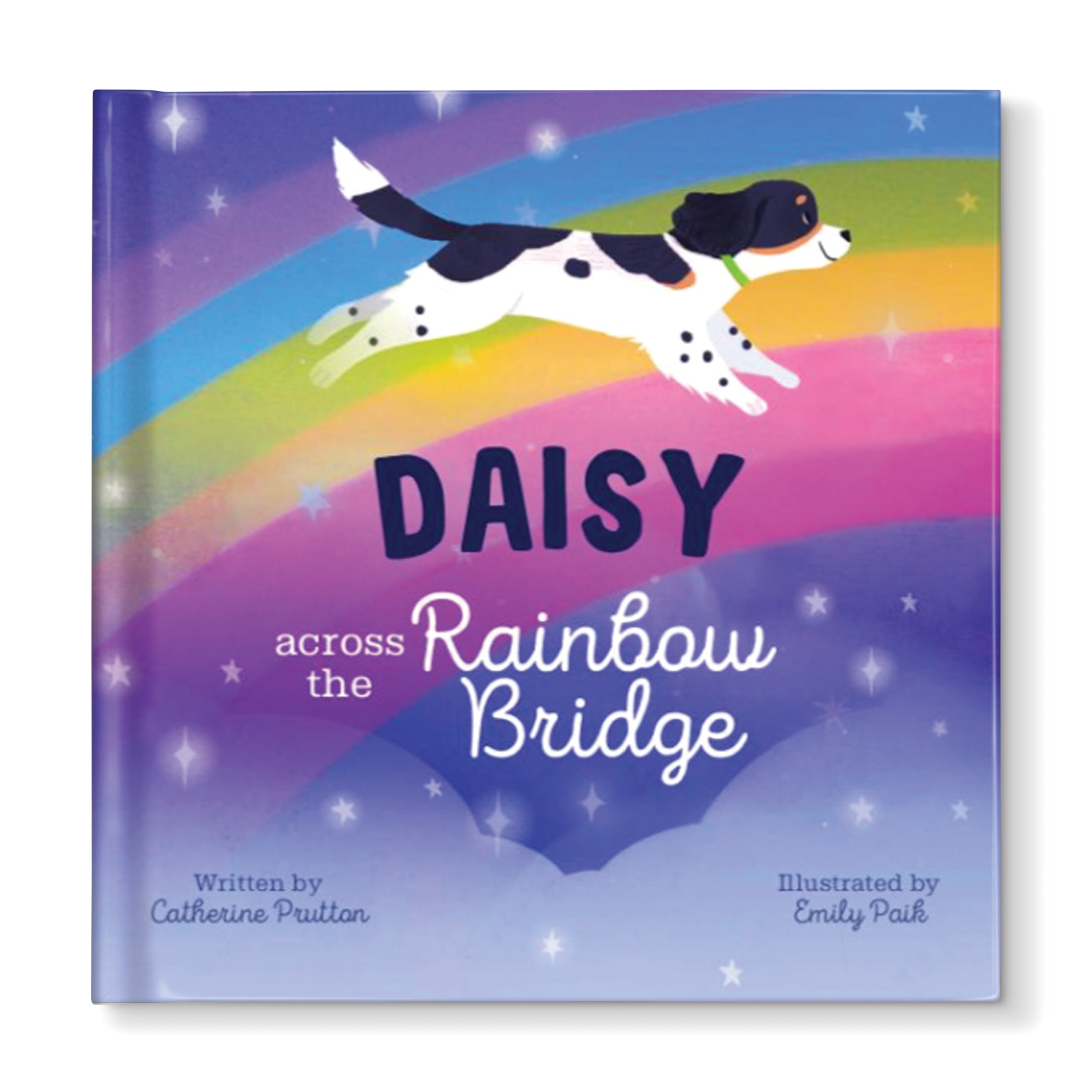 Book cover of 'Daisy Across the Rainbow Bridge' with a dog illustration on a colorful background.