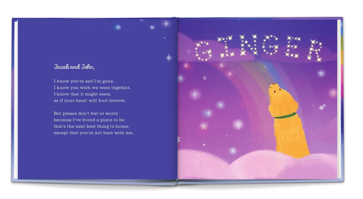 Open book with a purple and pink cover featuring a yellow bear and text.