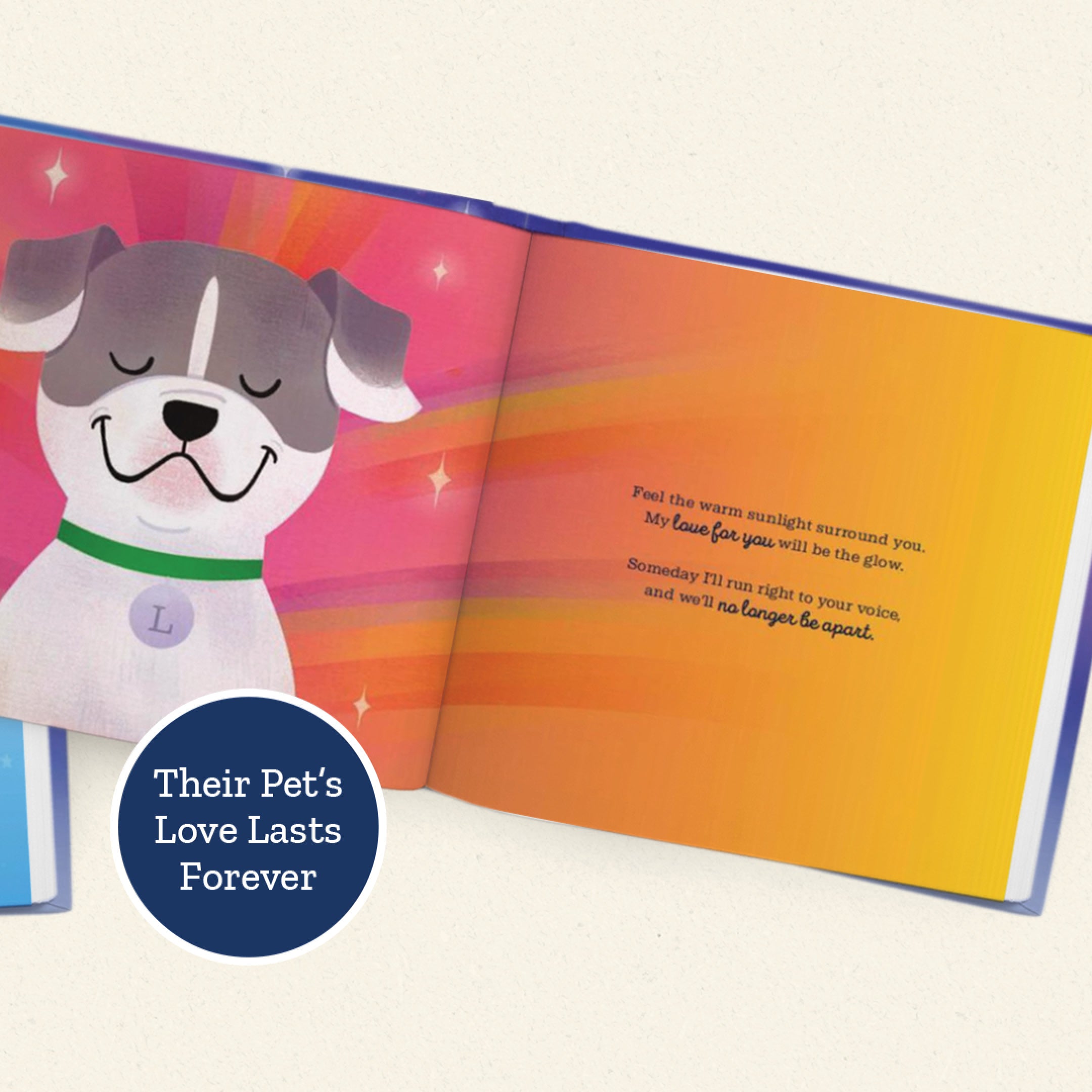 Open book with a cartoon dog illustration and text on a colorful background