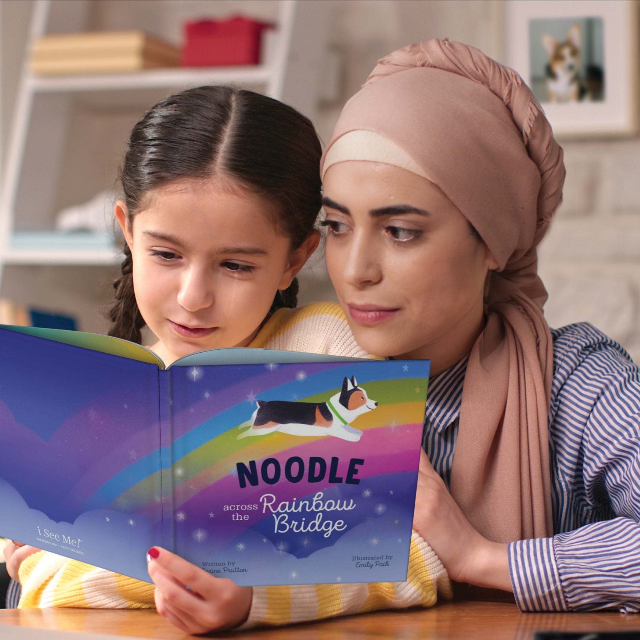 Sad Woman and child looking at a book together with a colorful background
