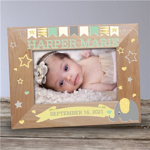 Wooden Picture Frame with Baby Elephant and Custom Messages - Personalized