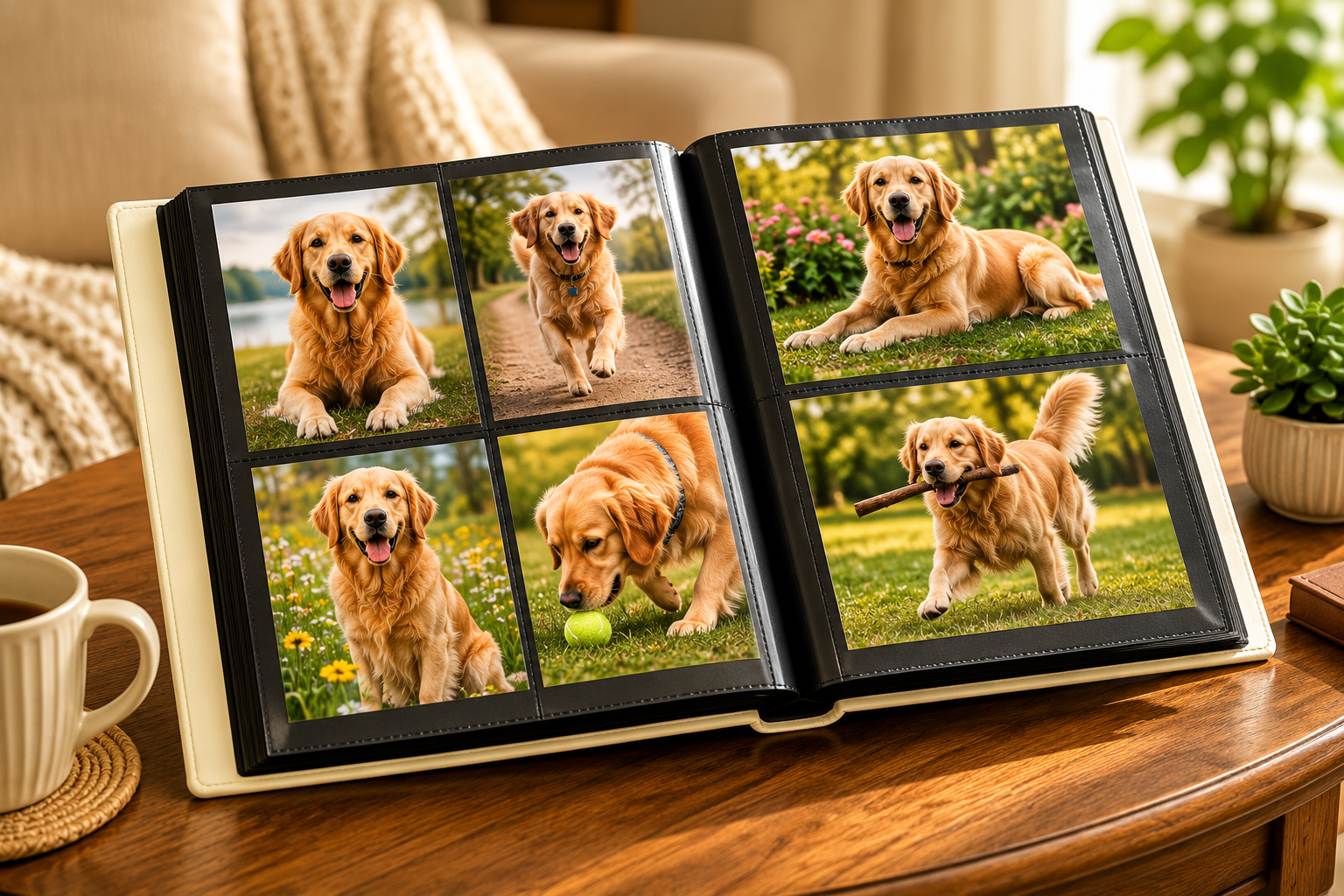 Open photo album displaying images of a golden retriever in various poses on a wooden table.
