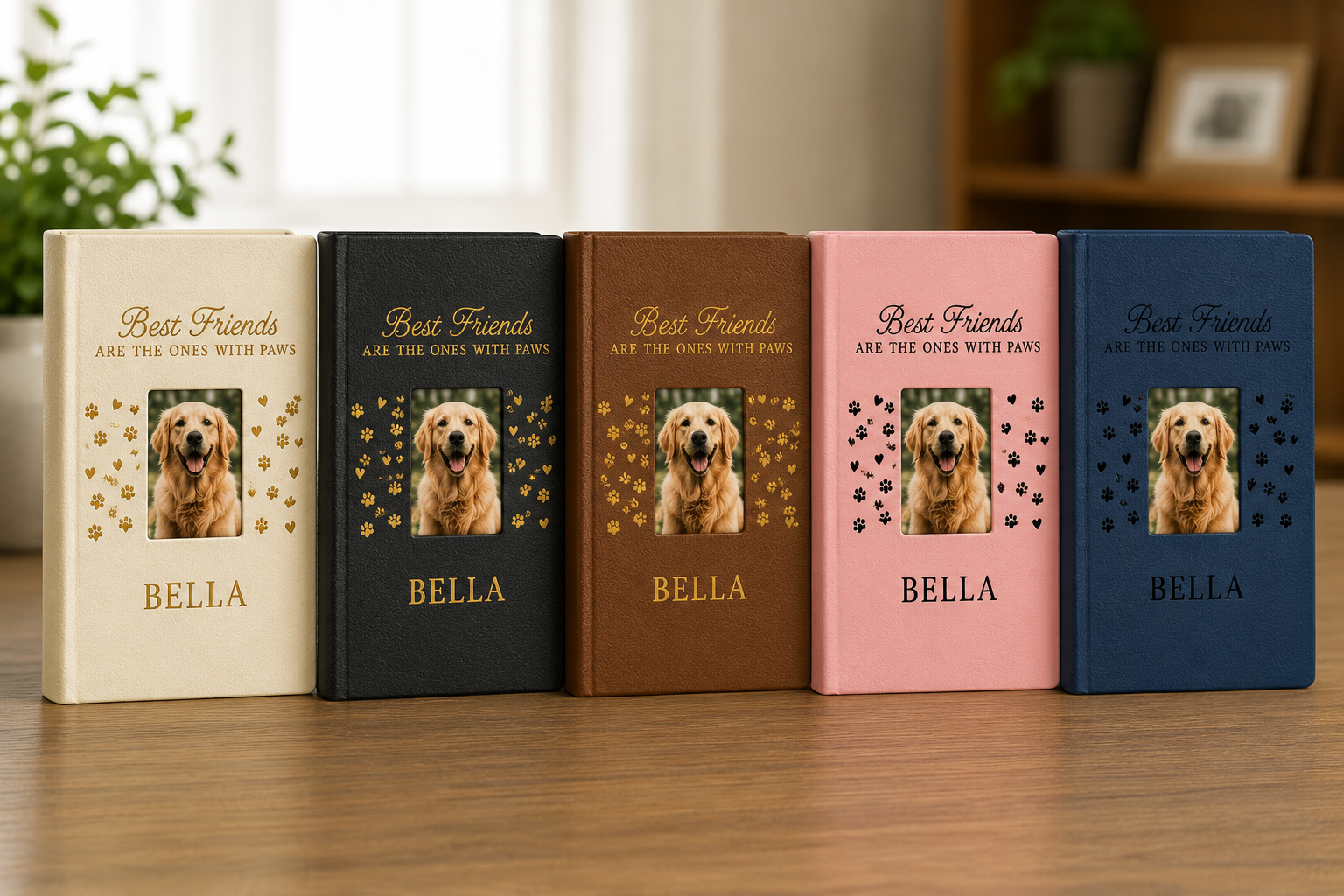Five personalized books with a dog illustration and text on a wooden surface.