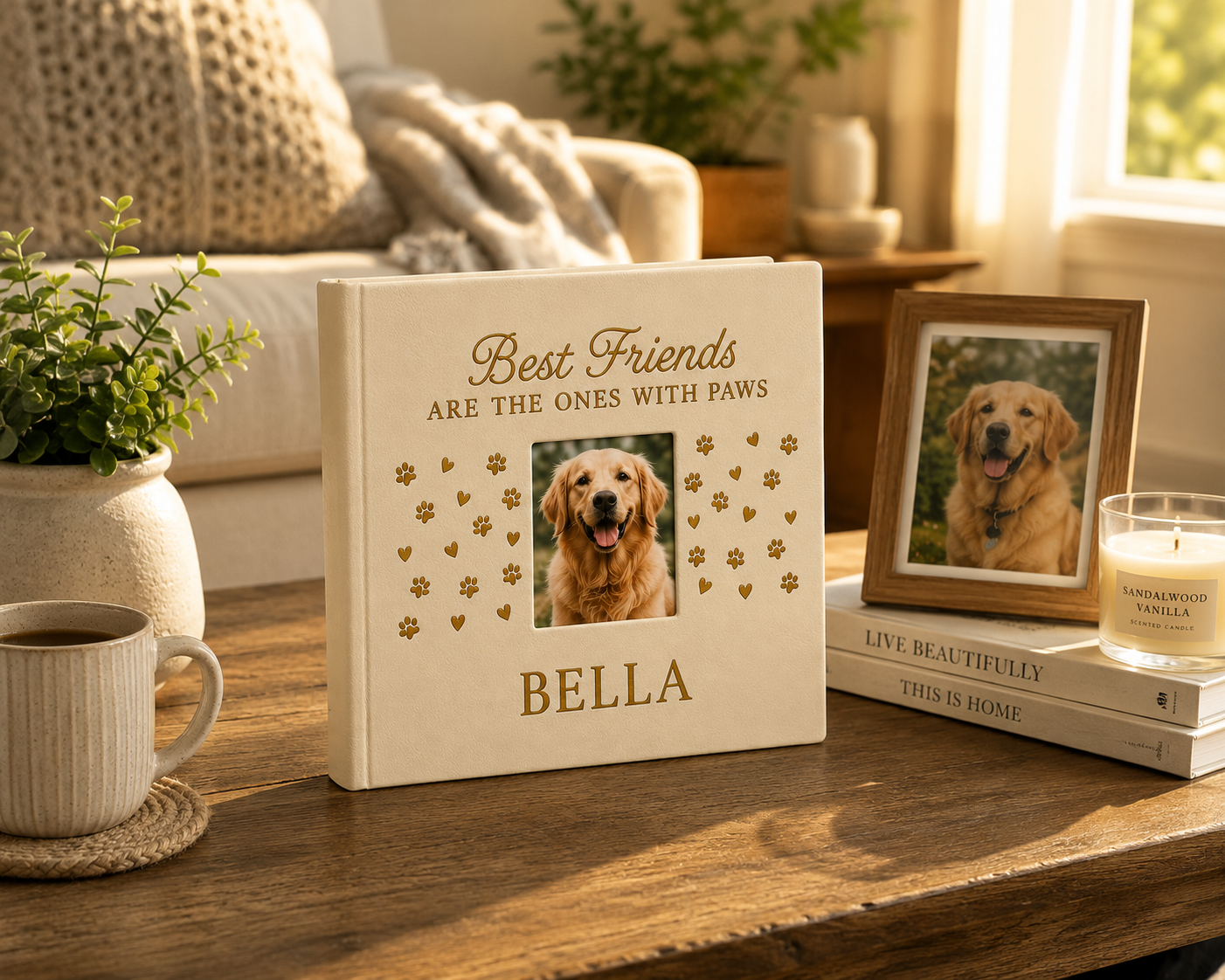 Decorative book titled 'Best Friends Are the Ones with Paws' featuring a dog photo on a wooden table.