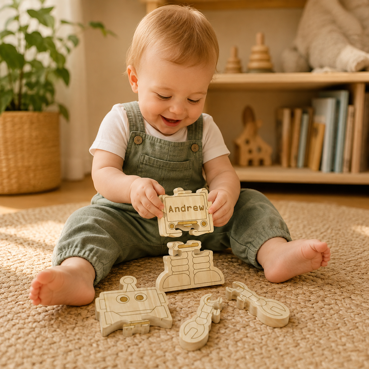 Baby playing with robot puzzle