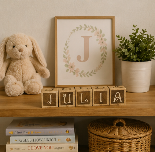 Wooden blocks spelling 'JULIA', a plush bunny, framed picture, and plant on a shelf.