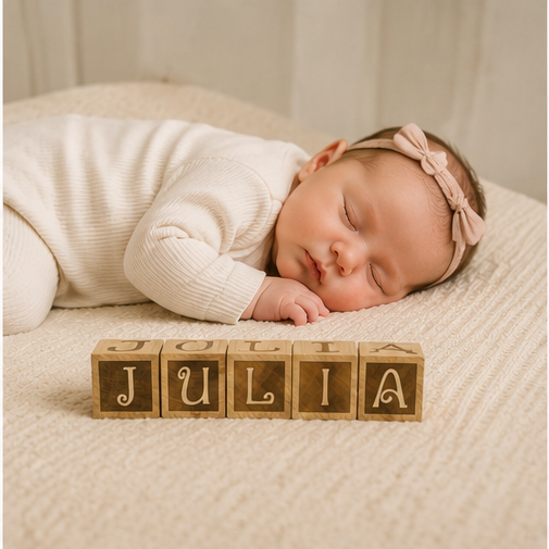 Newborn baby sleeping on a blanket with wooden blocks spelling 'Julia' next to her.