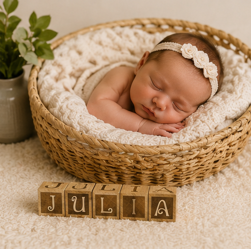 Newborn baby sleeping in a wicker basket with a name block reading 'Julia'.