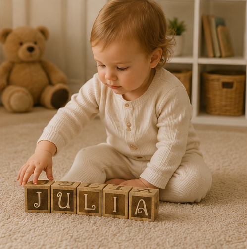 Child playing with wooden blocks spelling 'JULIA' in a cozy room.