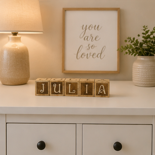 Wooden blocks spelling 'JULIA' on a shelf with a framed print and lamp in the background.