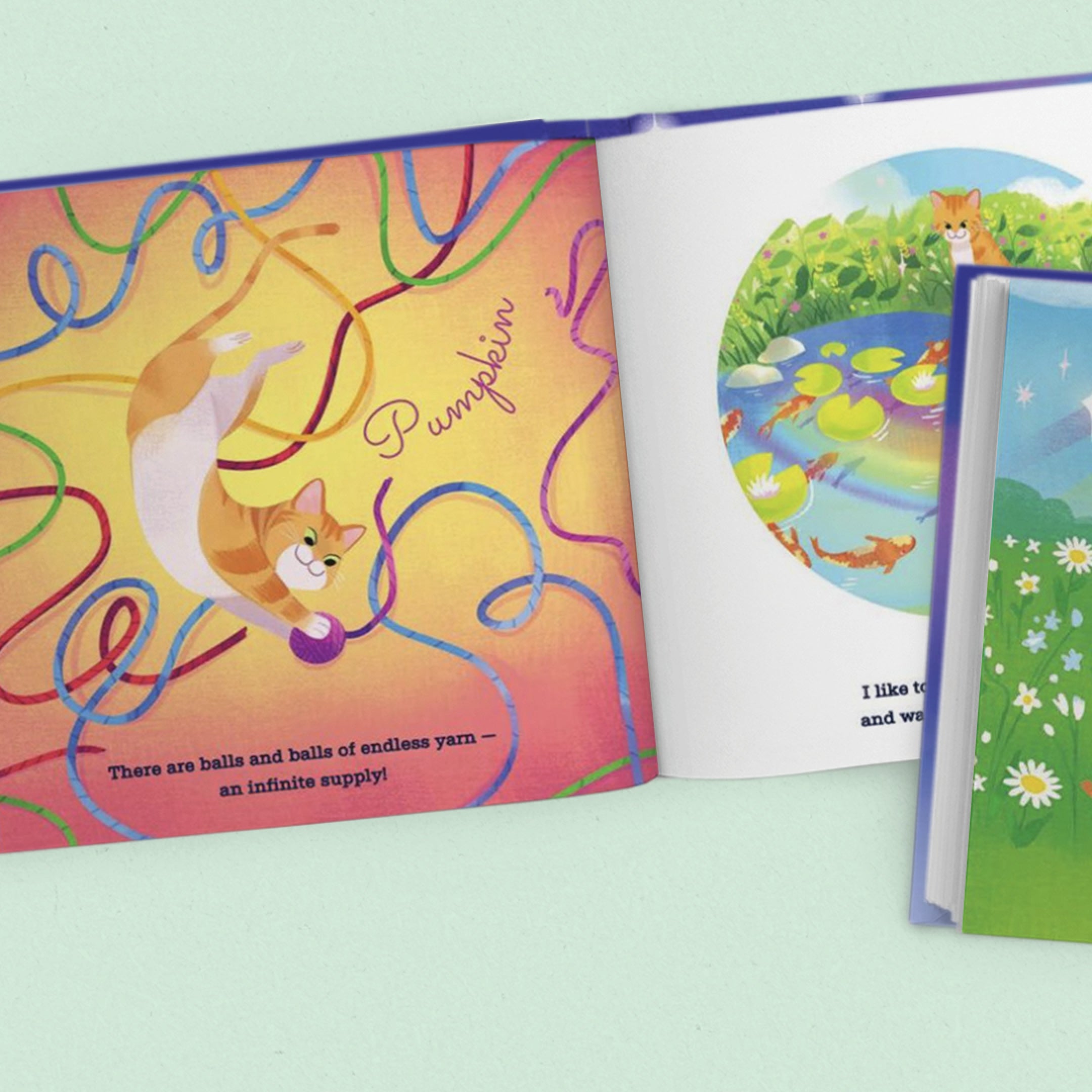 Open children's book with colorful illustrations of a dog playing with yarn and a pond scene.