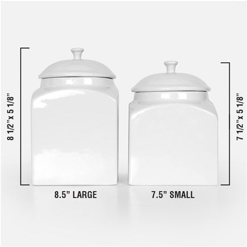 Two white ceramic jars with dimensions labeled on a white background