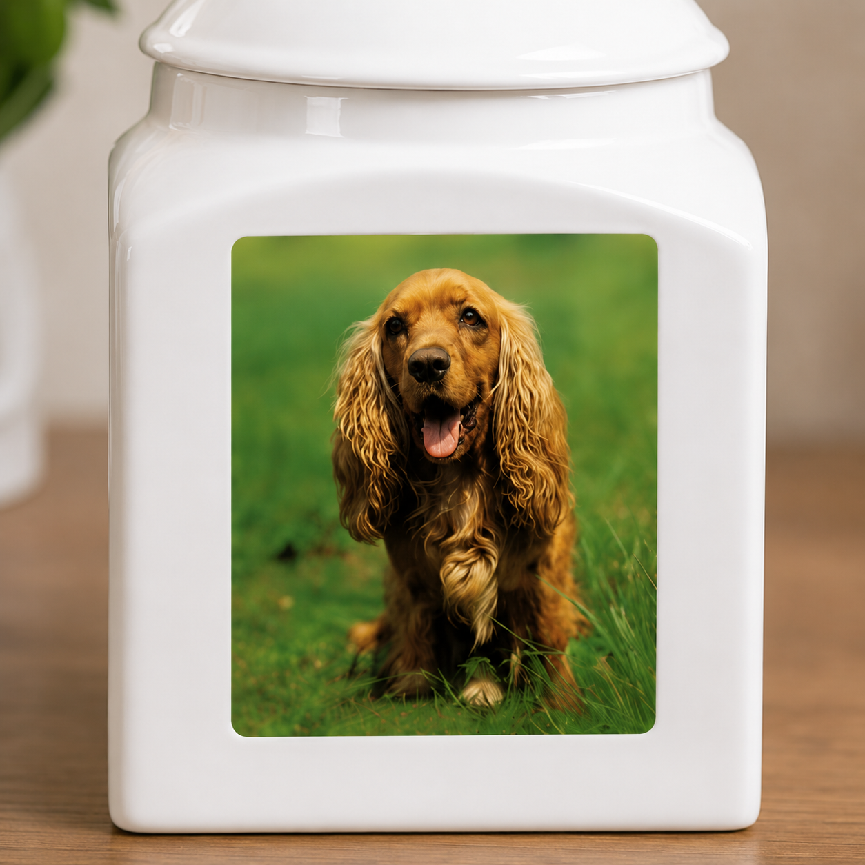 White jar with a picture of a dog on a grassy background