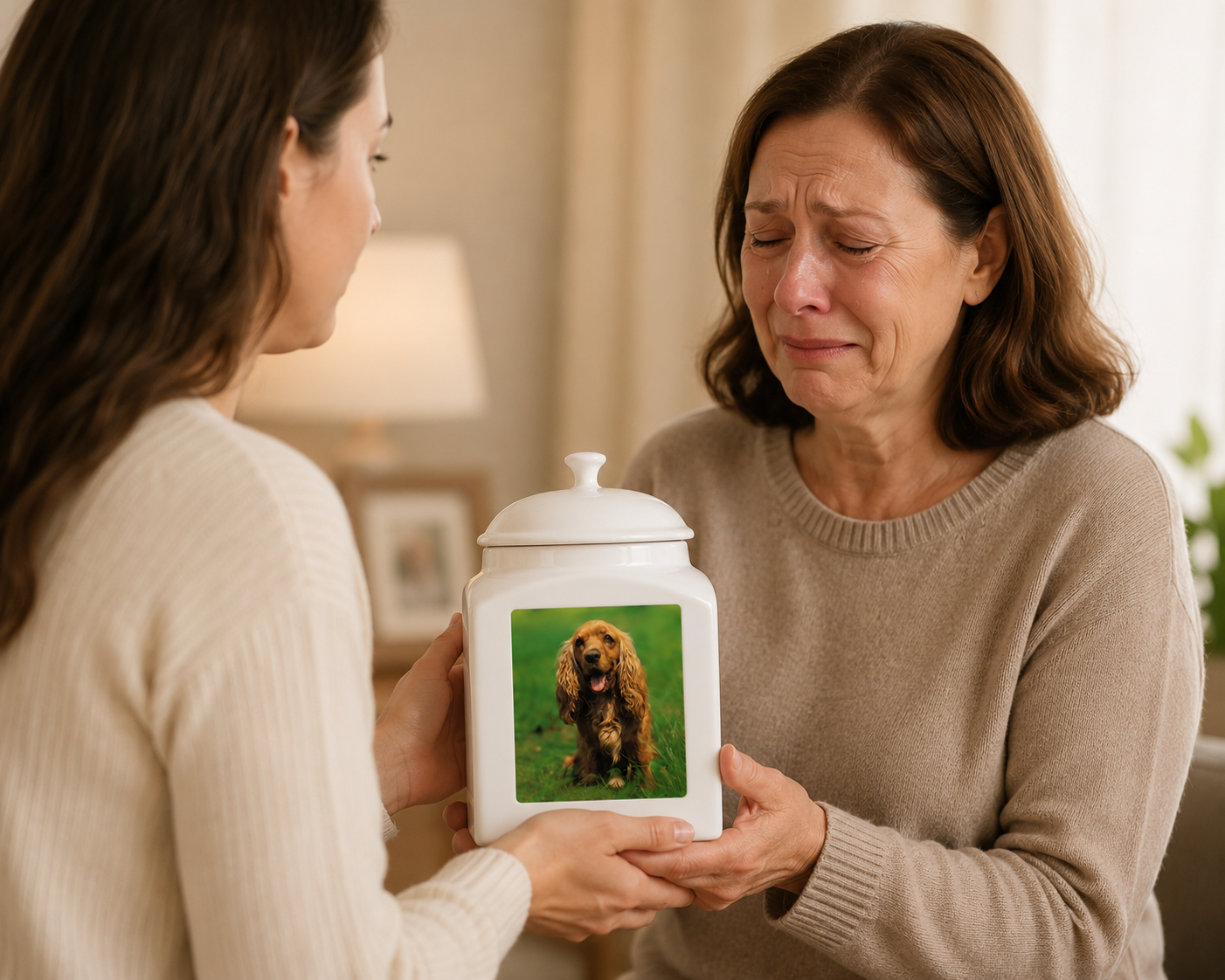 Two women holding a white jar with a photo of a dog on it, one woman appears to be crying.