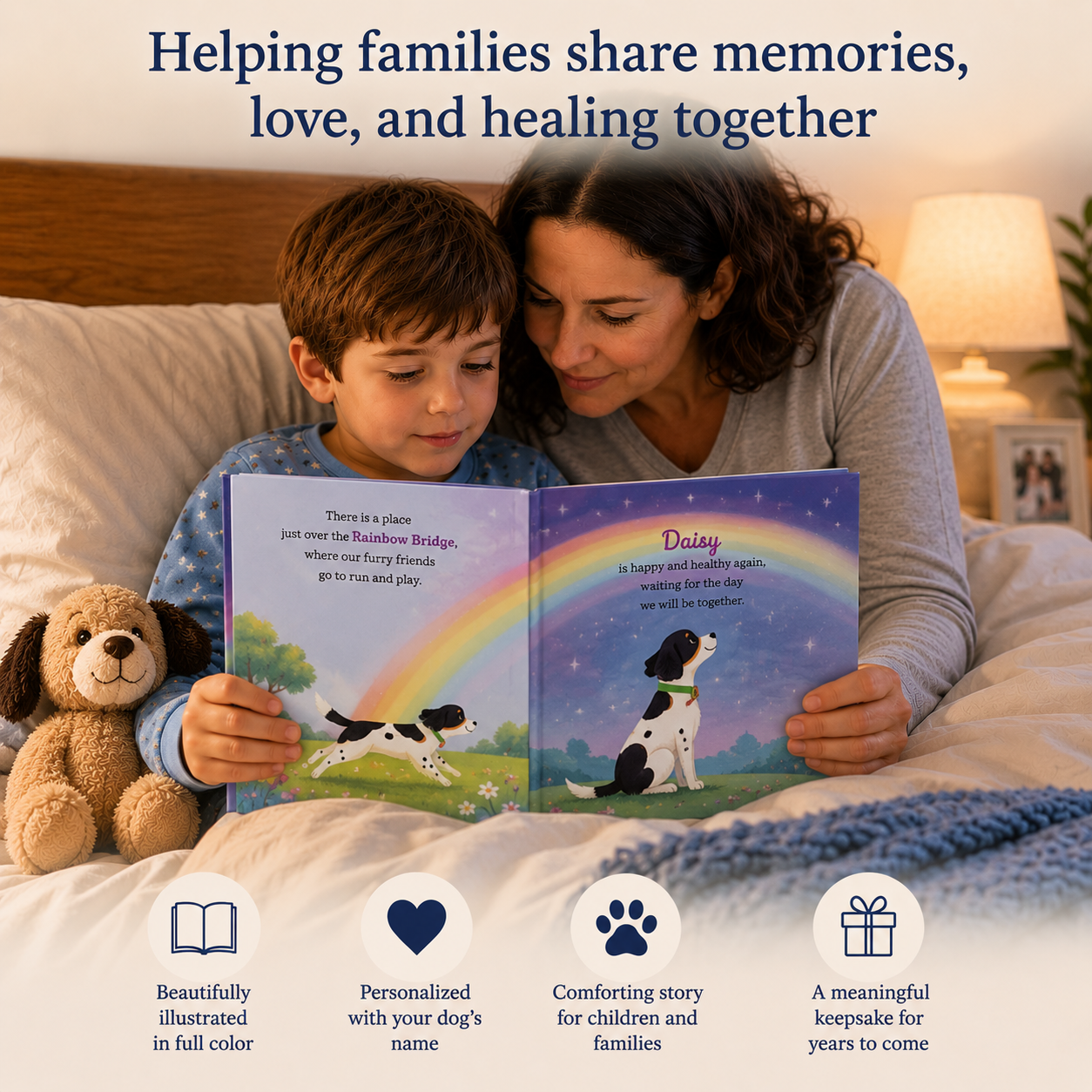 Woman and child reading a book together with a rainbow and dog illustration, surrounded by text about sharing memories and healing.