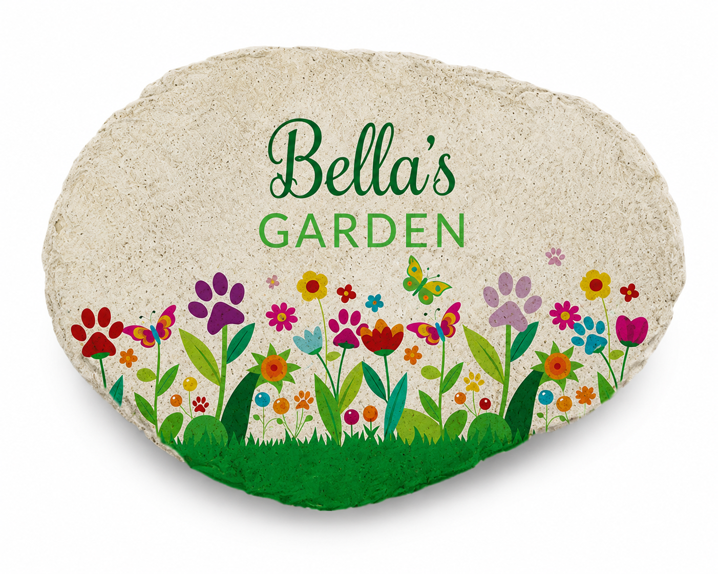 Decorative stone with 'Bella's Garden' text and colorful floral design on a white background
