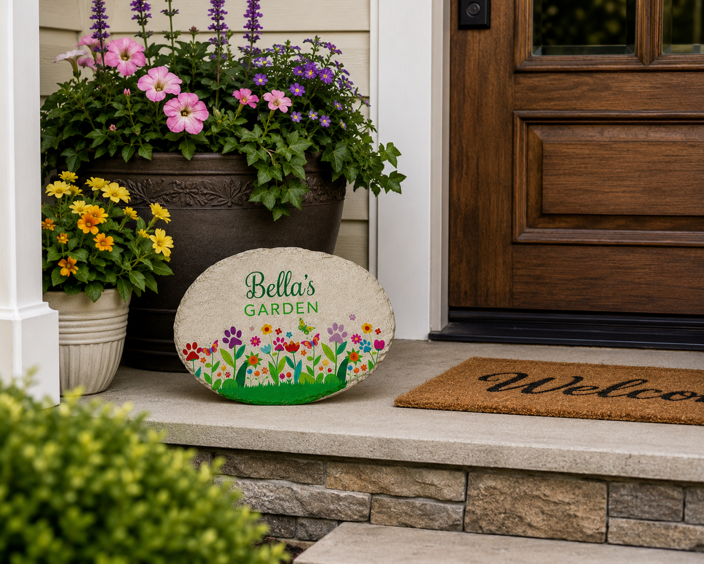 Decorative stone with 'Bella's Garden' on a front porch with flowers and a welcome mat.