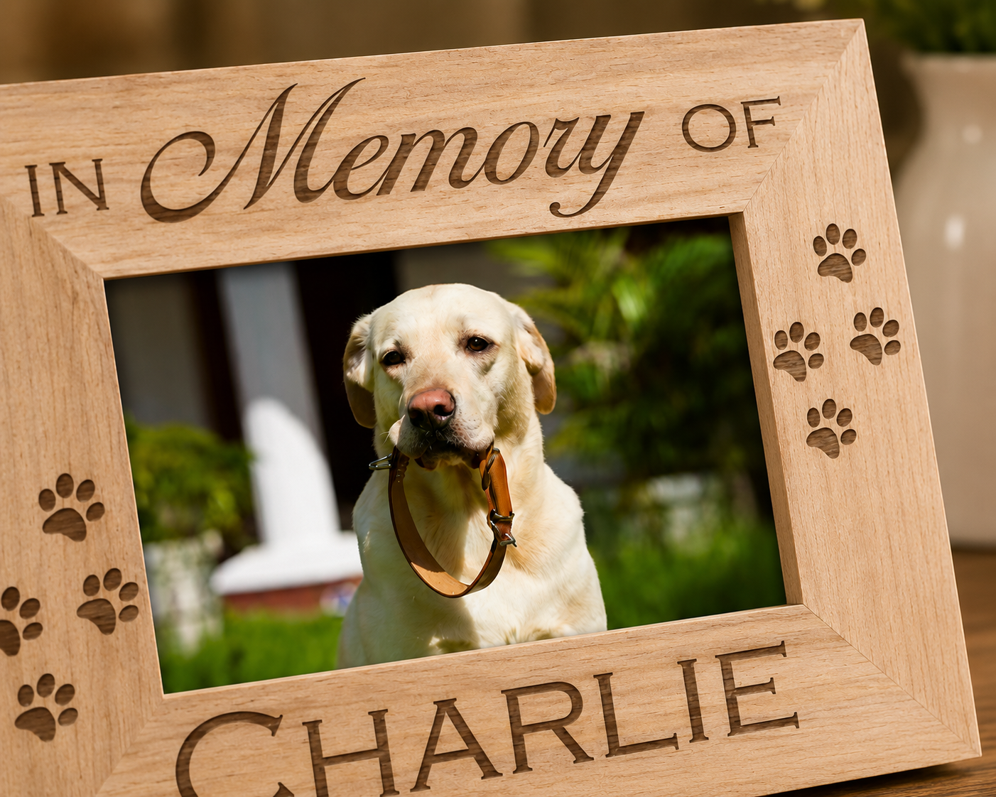 Wooden frame with 'In Memory of Charlie' engraving, featuring a dog photo.