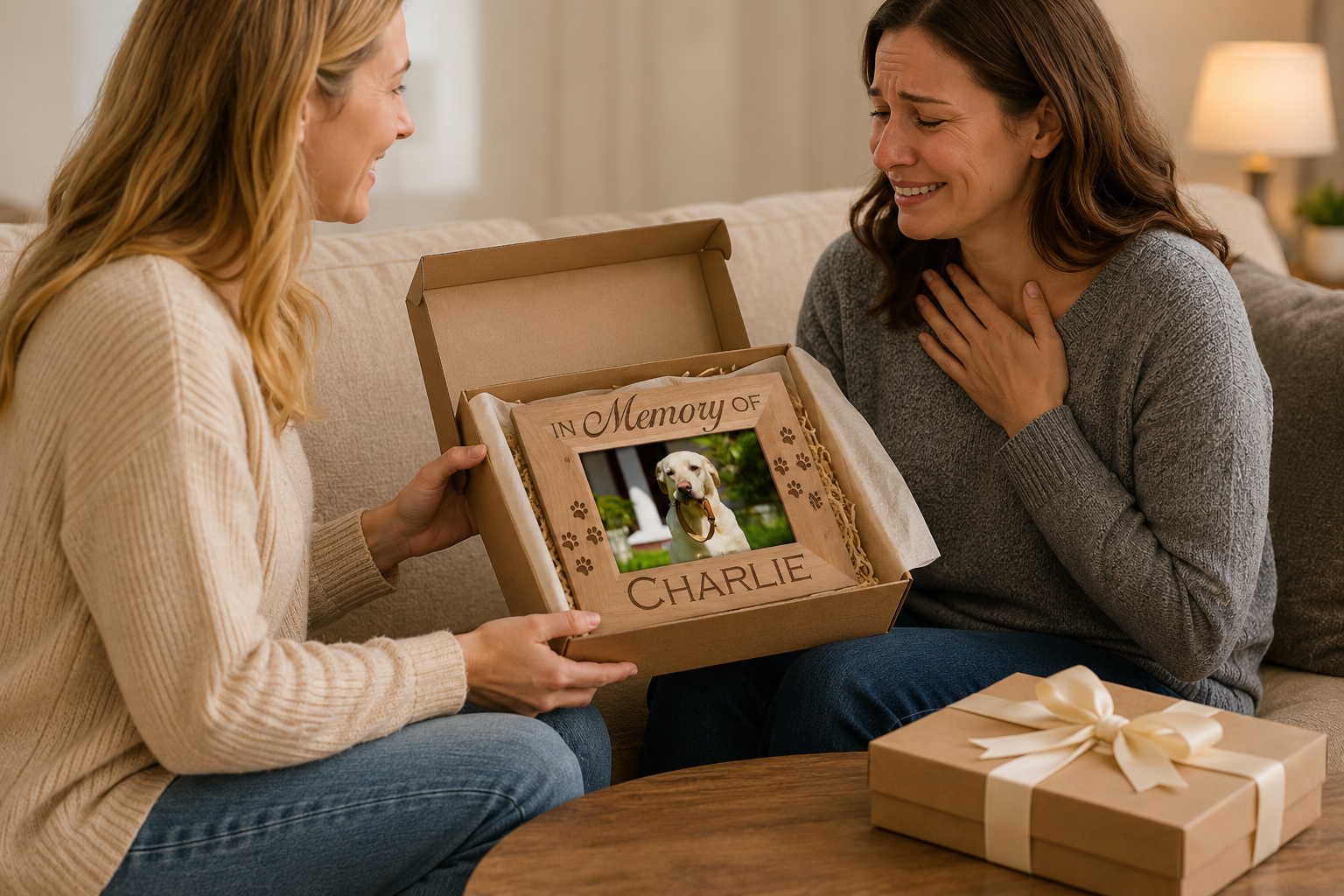 Two women sitting on a couch with a framed photo of a dog and text 'Memory of CHARLIE'.