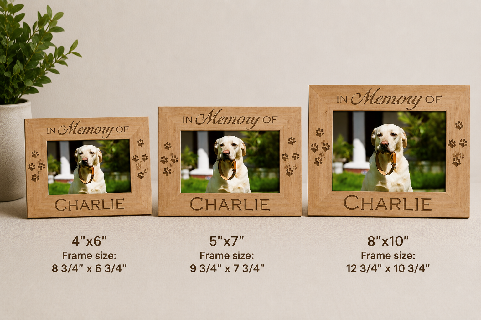 Three wooden photo frames with 'In Memory of Charlie' text, each with different sizes.