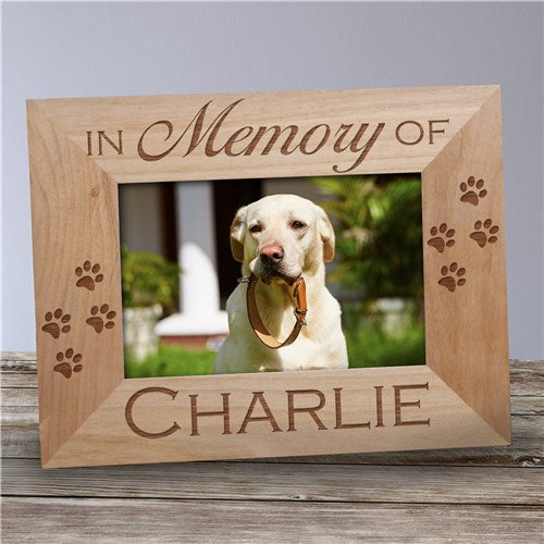 Wooden photo frame with 'In Memory of Charlie' engraved, featuring a dog photo.
