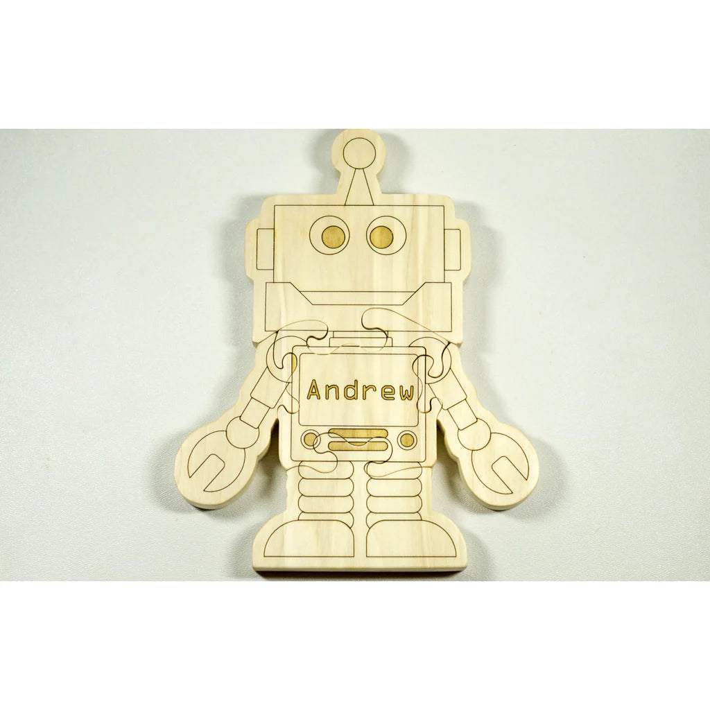 Wooden robot puzzle with 'Andrew' on a white background