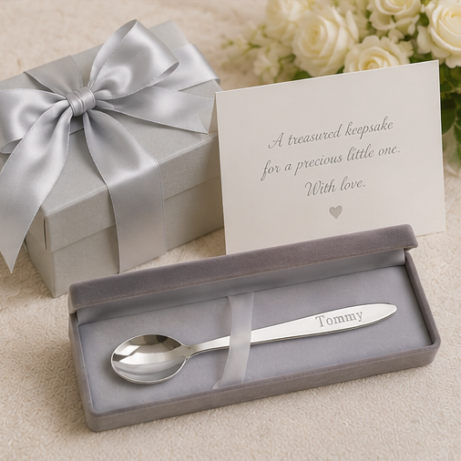 Silver spoon in a box with a gray bow, accompanied by a card and flowers.