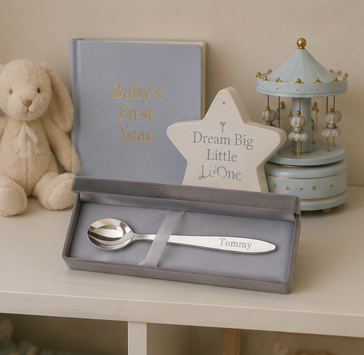Baby's first year book, engraved spoon, and decorative items on a shelf.